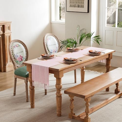 Braided Farmhouse Table Runner,Braided Pink 13x90 Inch, Cotton Linen Table Runners 90 Inches Long, Embroidered Striped Pink Boho Table Runner Rustic Home Decor