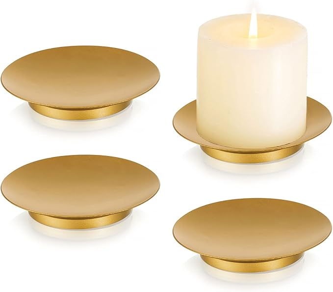Romadedi Iron Plate Candle Holder, Gold Candle Holders for Pillar, Set of 4 Small Candle Tray, Pillar Candle Holder Plate Metal Candle Stand for Coffee Table Decor, Wedding, Party, Home Decor