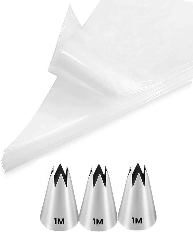 1M Open Star Piping Tips,1M Tips with Bags,3 Rosette Tip with 20 Disposable Piping Bags for Cake Decorating