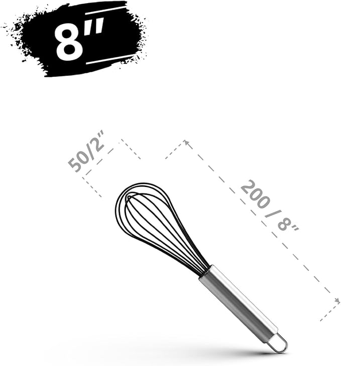 Balloon Whisk Stainless Steel 304 18/8 Wire Beater 8"10"12" Kitchen Cooking Tool No-Stick For Egg(8 Inch Black)