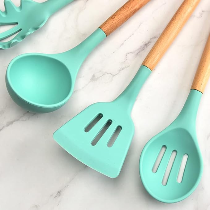 Silicone Kitchen Cooking Utensils Set,12 pcs Non-stick Silicone Kitchen Utensils Set 446°F Heat Resistant, BPA Free, Stirring cooking Set Spatula Turner Spoon Tongs Whisk(Dark Green)