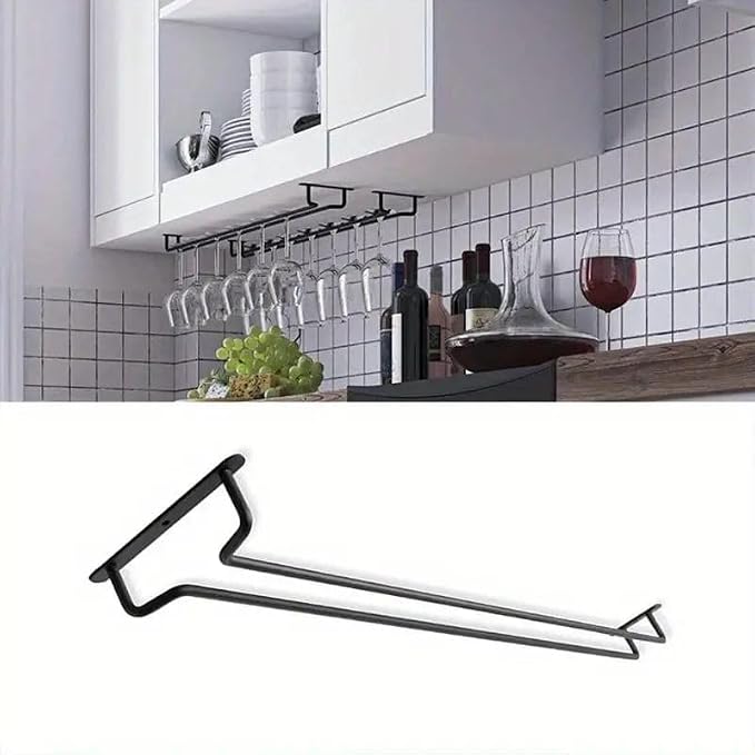 2 Pack Black Wine Glass Rack, 14 Inch Under Cabinet Stemware Holder, Wall Mounted Iron Wine Glass Hanging Rack for Shelf, Kitchen, Bar, Wine Cellar Storage, Organizer, Display