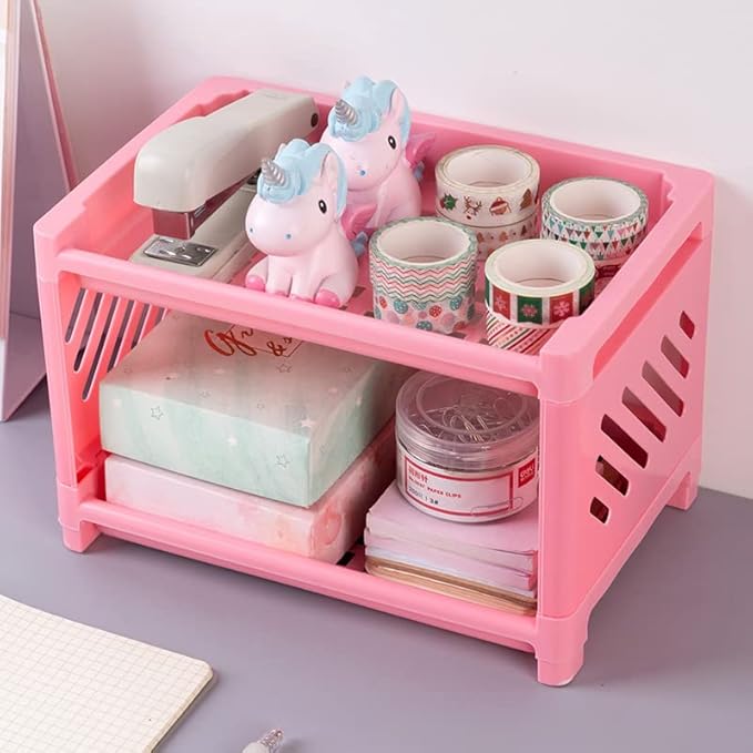 2 Tier Plastic Countertop Shelf Organizer Storage Rack, Multifunction Pantry Storage Organizer Kitchen Spice Rack Bathroom Shelf Organizer Tabletop Shelf Organizer (Pink)