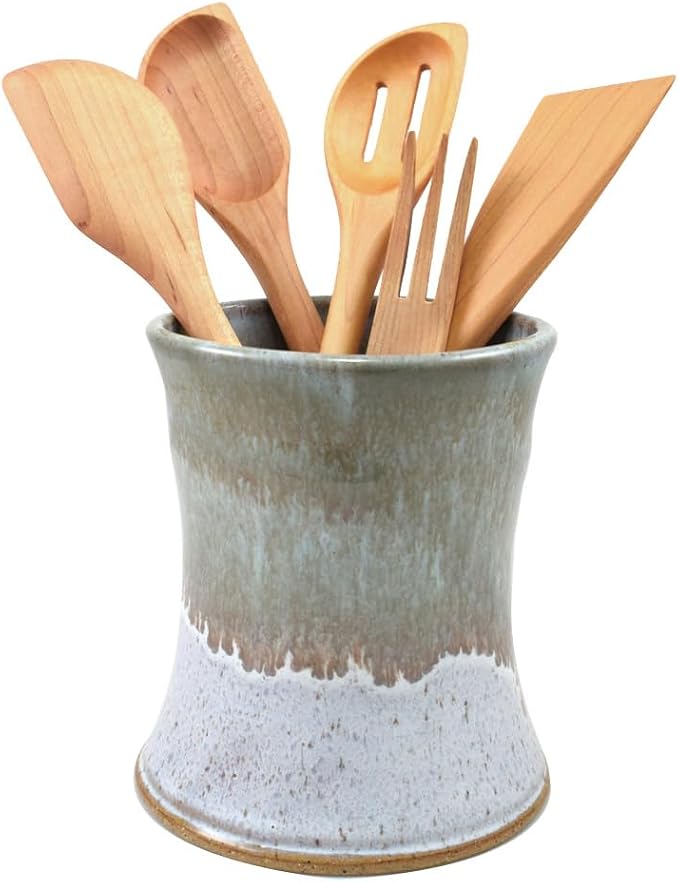 American Made Sage Green Stoneware Countertop Utensil Holder Crock 7" | Misty Meadow Handmade Pottery Collection