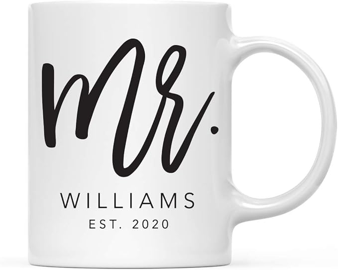 Andaz Press Personalized Name 11oz. Ceramic Ceramic Valentines Day Coffee Mugs Wedding Anniversary Couples Gift Set, Mr. Mr. Williams Est. 2026, Script Style, 2-Pack, Custom Names, Long Distance Gift