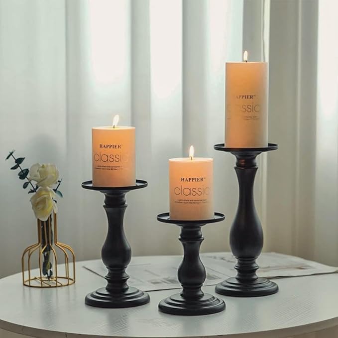 Matte Black Pillar Candle Holders Set of 3-10", 8", 6”H Candlestick Candle Holder Stand, Mother's Day Home Decor Gift for Fireplace/Table Centerpiece/Rustic/Farmhouse