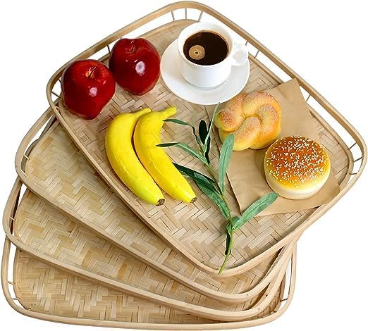 Set of 4 pcs Rectangular Bamboo Wicker Serving Trays with Handles, Handwoven Coffee Trays for Coffee, Breakfast, Bread, Food, Dish and Decorative Trays for Dining Table