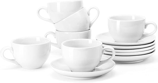 Porcelain Coffee Cups Set with Saucer, 6 Ounce White Porcelain Cup and Saucer Set for Cappuccino, Coffee Latte, Coffee drinks and Tea, Set of 6