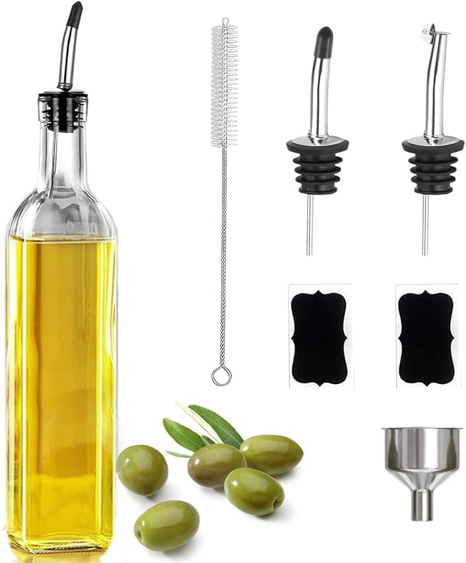 Leaflai Olive Oil Dispenser, 500 ml/17 oz Vinegar and Olive Oil Bottle Dispenser Oil Bottles for Kitchen with 1 Pourers,2 Labels and 1 Funnel, Home Square Tall Glass Oil Container As Gift