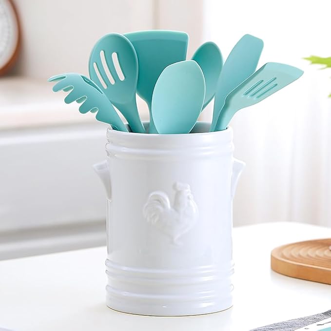 WAIT FLY Embossed Rooster Porcelain Kitchen Utensil Holder Flatware Storage Organizer Utensil Crock for Countertop Kitchen Counter Decor-White
