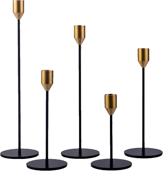 Set of 5 Black Taper Candlestick Holders with Brass Top, Metal Candle Stick Holder, Antique Mid-Century Candle Holders for Table Centerpiece, Mantel, Dining Table Decor