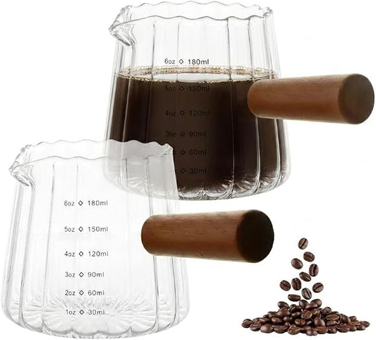 2 Pack Espresso Measuring Cup 6oz (180ml), Glass Espresso Shot Cups with Wooden Handle, V-Shaped Spout, Dual Scale oz/ml, Espresso Accessories for Coffee, Milk, Syrup