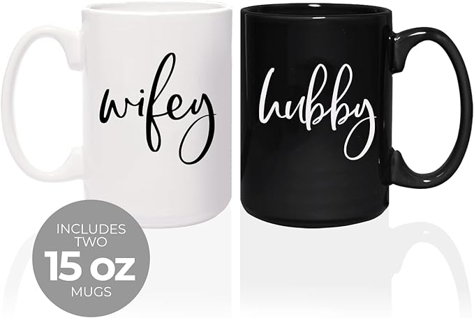 Canopy Street Wifey And Hubby Matching Mugs/Two Jumbo 15 Ounce White And Black Ceramic Mugs/Funny Husband And Wife Coffee Cup Set/Black And White Wedding Present Mug Set.