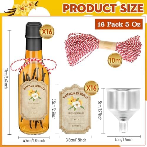 16 Pack Glass Vanilla Extract Bottles 5 oz with Lids, Vanilla Extract Labels, Shrink Band and Funnel, Glass Jar Vanilla Bottles for Syrup, Jars for Vanilla Extract, Glass Bottles for Vanilla Extract
