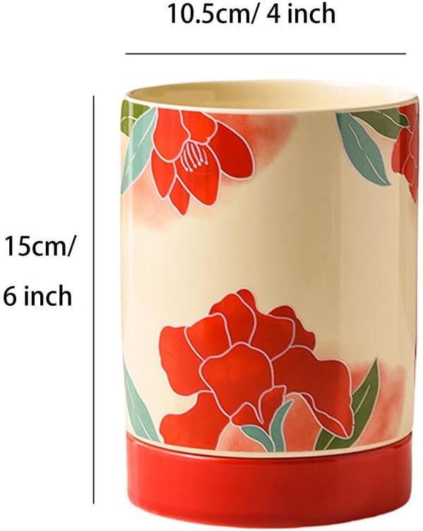 Dxcaicc Vintage Ceramic Utensil Holder for Kitchen Counter, 4 Inch Cooking Utensil Crock with Drain Holes, Elegant Countertop Organizer for Spoons, Chopsticks, Spatulas,Red