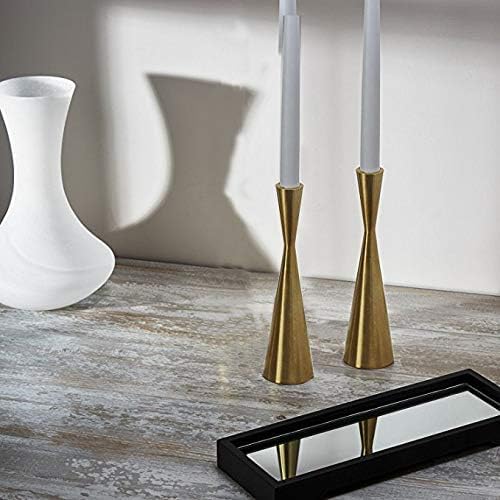 Pack 2 Brass Gold 9" Metal Taper Candlesticks Candleholder Vintage Mid-Century Modern Candlestick Home Cabin Lodge Table Mantel Wedding Centerpiece Candle Holders (Brass Golden, Pack of 2 Medium 9")