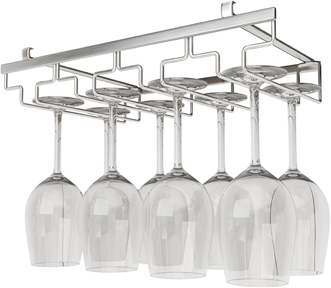 Hanging Wine Glass Rack, Nails-Free Under Cabinet Stemware Rack, Stainless Steel Glasses Storage Hanger for Home Kitchen Bar (4 Slots 8-12 Cups)