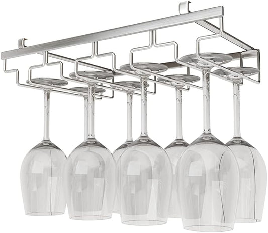 Hanging Wine Glass Rack, Nails-Free Under Cabinet Stemware Rack, Stainless Steel Glasses Storage Hanger for Home Kitchen Bar (4 Slots 8-12 Cups)