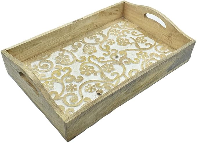 STORE INDYA Rustic Large Wooden Serving Tray Platter for Tea Snack Dessert with Handle Hand Carved Floral Design Kitchen Dining Serve-Ware Accessories 14 x 10 Inches (Beige)