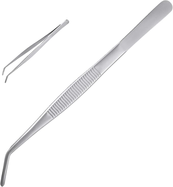 10Inch Fine-Tip Kitchen Tweezers Tongs – Extra-Long Stainless Steel Cooking Tweezers Dishwasher Safe for Grilling, Baking & Food Prep (10In Bent BBQ Tongs)