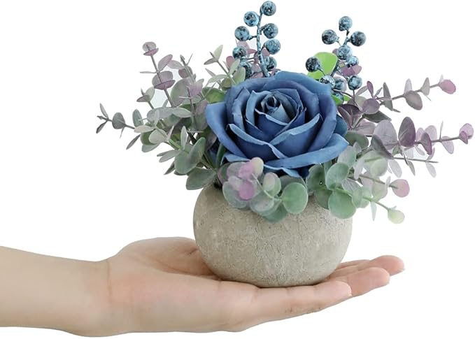 Small Artificial Blue Rose Potted Plant, 6" Fake Silk Flowers in 3.5" Round Pot, Mini Faux Floral Arrangement for Desk Shelf Bathroom Decor