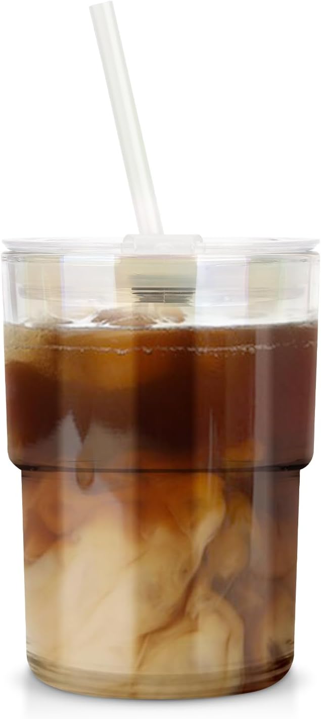 Luxfuel 13 oz Tumbler Water Glass Cups with Straw & Lid, Reusable Iced Coffee, Tea Cups, Leak-Proof Thick Wall Travel Glass Tumbler for Home, Office, Car Cup Holder Friendly, BPA Free (Shimmer,1 Pack)