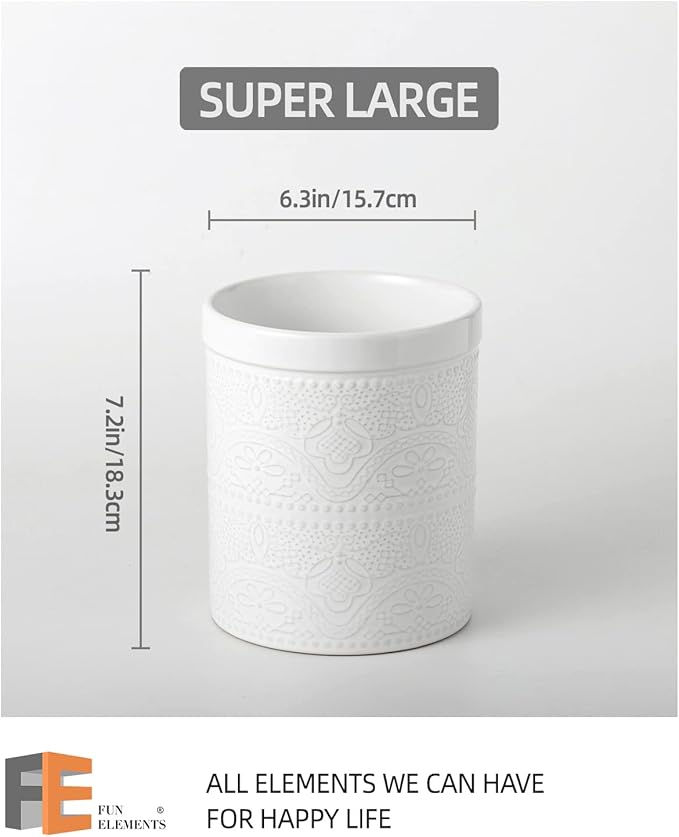 FUN ELEMENTS Kitchen Utensil Holder, 7.2" Super Large Utensil Crock Heavy and Stable Lace Emboss Ceramic Utensil Holder for Kitchen Counter (Bright White)