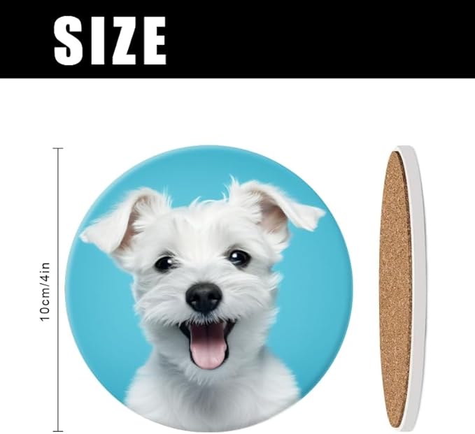 Ceramic Drink Coasters Absorbent Set of 1, White Puppy on Blue Background Round Anti Slip Modern Cup Coasters for Desk Kitchen Office Housewarming Hostess Gifts (4 * 4 Inch)