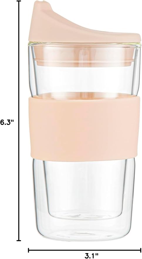 Restaurantware Glass Travel Mug 1 Count 12 Ounce Double Wall Borosilicate Reusable Coffee Cup, Spill-Resistant Tan Silicone Lid, Clear Drinkware Mug for Hot and Cold Beverages