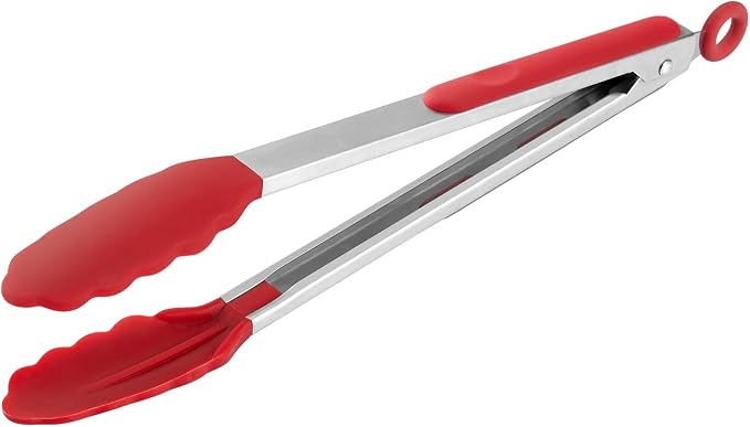 12 Inch Kitchen Tongs, Cooking Tongs with Silicone Tips and Stainless Steel Handle, Non Stick Heat Resistant Tongs for Cooking, Buffet, Salad Serving (12", Red)