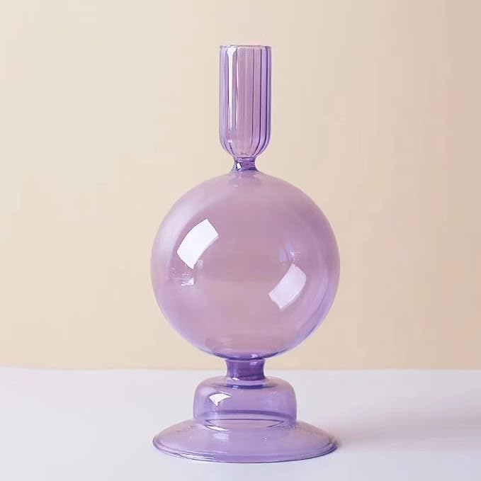 Glass Candlestick Holders Simple Creative Glass Vase Candle Holder Colorful Glass Pillar Candle Stand Candlestick Wavy Elegant Glass Candlestick for Home Centerpiece (Purple H)