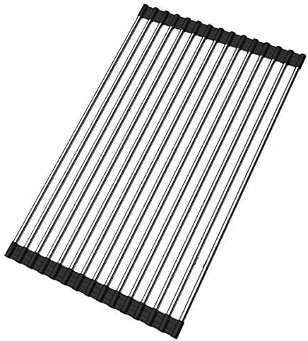 Roll up Dish Drying Rack Over The Sink Portable Stainless Still Rolling Rack Folding Mat for Kitchen Counter (Black, 17.7''LX11.8''W)