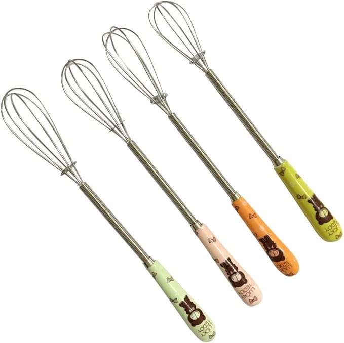 Verdental 4 Pieces 7 Inches Colorful Small Stainless Steel Whisks with Cute Cartoon Bear Handle Design Little Balloon Whisk for Mixing and Beating Eggs