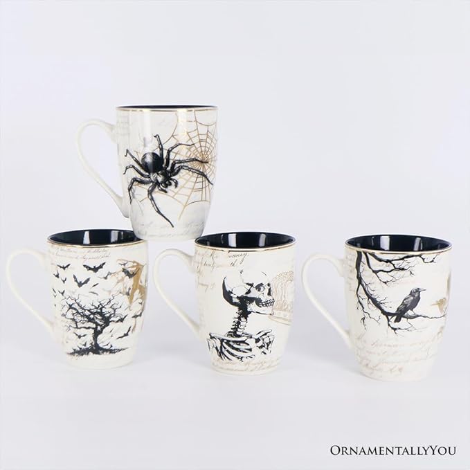 OrnamentallyYou Coffee Mug Holiday Kitchen Drinkware, Multiple Designs Available (Elegant Goth Set of 4 Ceramic Mugs)