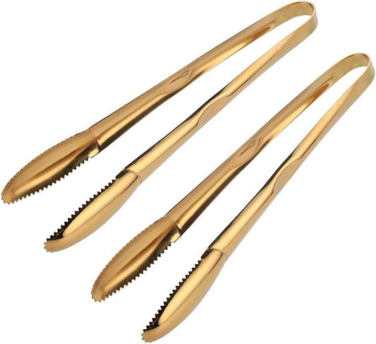 Stainless Steel Cooking Tongs for Frying, 9 Inches Serving Tongs Appetizers Charcuterie with Teeth for Parties, Food Tongs Kitchen Tongs for Nonstick Cookware, Set of 2 (Gold)