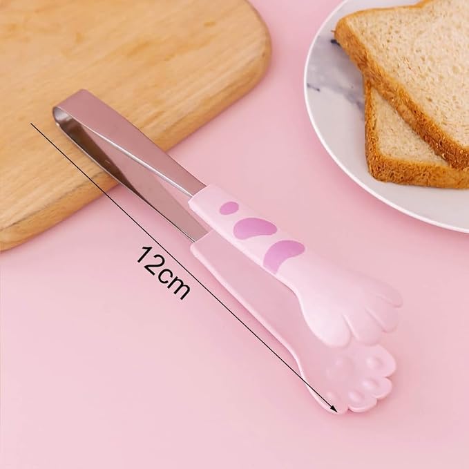 Kitchen Cooking Tongs – Cute Paw Shape Stainless Steel Salad Tongs for Cooking and Barbecue, Food Serving Utensil with Non-Slip Grip(Pink Small)