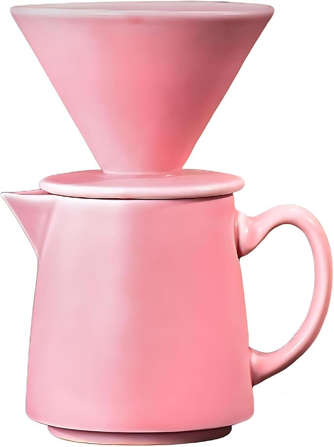 Handmade Ceramic Pour Over Coffee Dripper Set Vintage, Pour Over Coffee Maker Set, Filter Cup, Coffee Brewer Cone Filter, V60 Dripper & Decanter for Home Café Restaurant, 1-2 Cup (Pink)