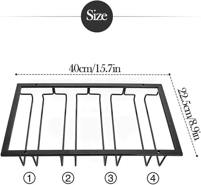 15.7in Wine Glass Rack - Hanging Wine Glass Rack Under Cabinet, Metal Wine Glass Holder, Glasses Storage Hanger Organizer for Home Kitchen Décor - Black