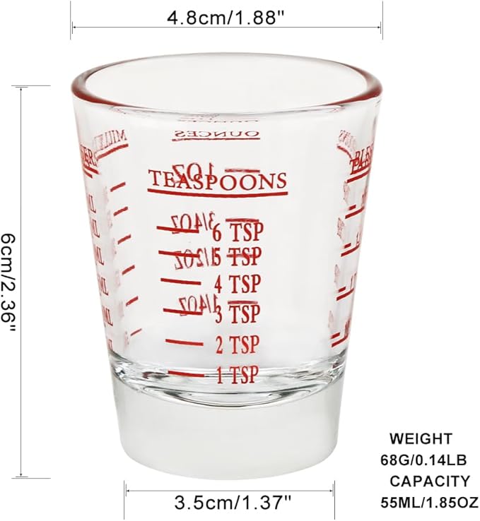 Set of 2 Red Shot Glasses - Heavy Glass, Perfect for Measuring Espresso, Wine, and More 26-Incremental Measurement 1oz, 6 Tsp, 2 Tbs, 30ml (2, Red)