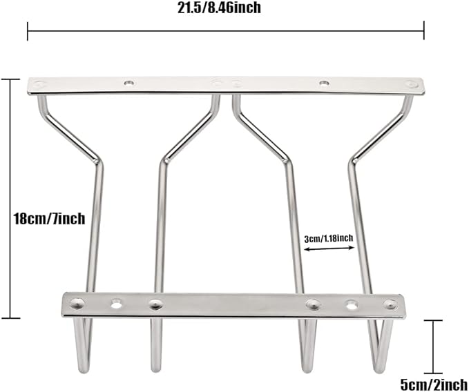 7-Inch Gold Wine Glass Rack, Under Cabinet Wine Glass Holder Stainless Steel Stemware Rack - Hanging Stemware Holder for Cabinet Kitchen Bar (2 Rows, 1 Pack)