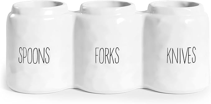 Barnyard Designs Silverware Caddy for Countertop - Cutlery Organizer for Spoon, Fork, and Knife - Ceramic Utensil Holder for Flatware or Plasticware - Perfect for Parties - 12.5” x 4.25” x 5” (White)