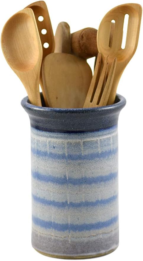 American Made Stoneware Pottery Countertop Utensil Holder Jar in Blue Mist