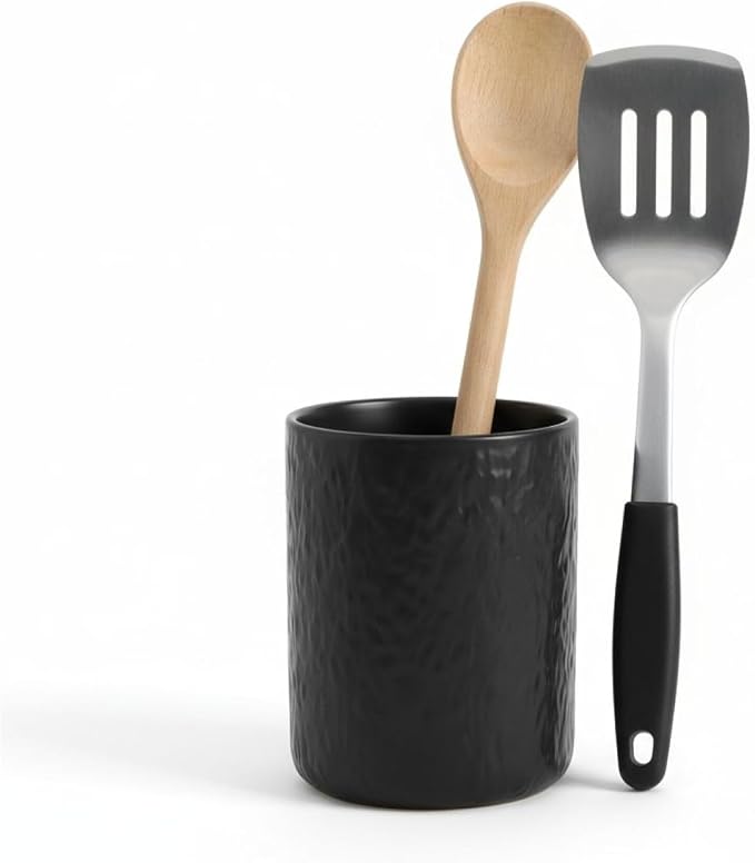 Large Ceramic Kitchen Utensil Holder, Black, Space-Saving, Easy Access, 6.3 In / 16 Cm High, Wide Opening, Countertop Organizer For Cooking Utensils, Rock Texture