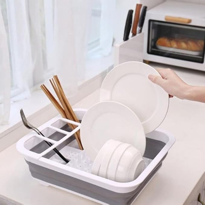 J&V TEXTILES Collapsible Dish Drying Rack - Popup for Easy Storage, Drain Water Directly into The Sink, Room for Eight Large Plates, Sectional Cutlery and Utensil Compartment, Compact (Gray)