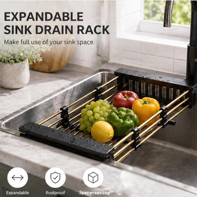 Gold Expandable Dish Drying Rack Over the Sink, Adjustable Stainless Steel Sink Drying Rack for Plates, Bowls & Utensils, Space-Saving Kitchen Counter Drainer (14-24 in)