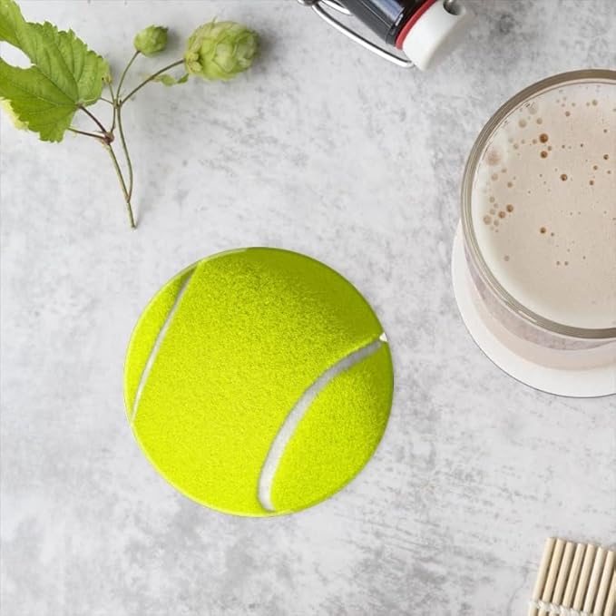 Round Ceramic Stone Cork Drink Coasters, Tennis Ball with White Line Absorbent Removable Non-Slip Cup Mat Place for Kitchen Counter Drinks Coffee Cup Tableware Set of 1 (4 * 4 Inch)