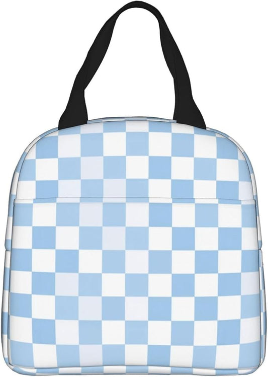 Insulated Lunch Bag Checkerboard Pattern Pastel Blue, Leakproof Lunch Tote for Work School, Reusable Lunch Box Cooler for Adults Students, Compact Lunch Bag for Office College Picnic