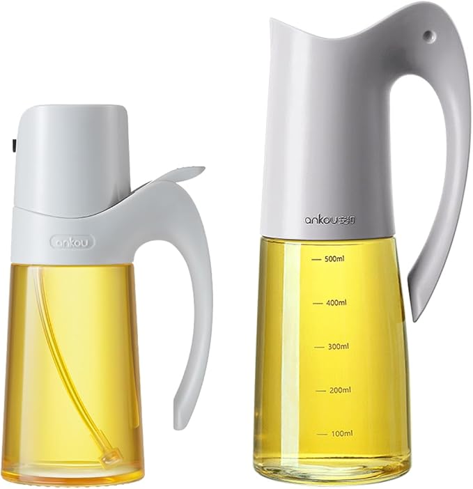 Glass Oil Dispenser and Oil Sprayer for Kitchen Cooking, Olive Oil Dispensing Sprayer Pour Set, 10oz/300ml olive oil spray bottle, 20oz/580ml Oil Dispenser Bottle with Auto Flip Cap for Salad, BBQ
