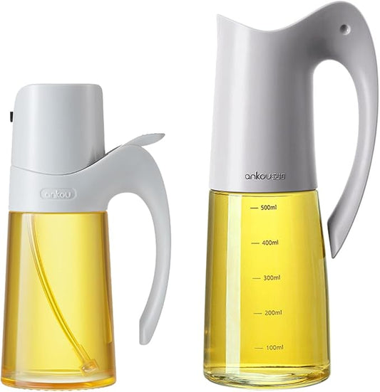 Glass Oil Dispenser and Oil Sprayer for Kitchen Cooking, Olive Oil Dispensing Sprayer Pour Set, 10oz/300ml olive oil spray bottle, 20oz/580ml Oil Dispenser Bottle with Auto Flip Cap for Salad, BBQ