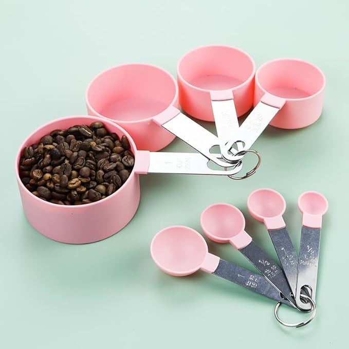 8 Pcs Measuring Cups and Spoons Set, Includes 4 Stainless Steel Nesting Measuring Cups & 4 Mini Measuring Spoons,Stackable Handle Accurate Tablespoon for Measuring Dry and Liquid Ingredients(Pink)